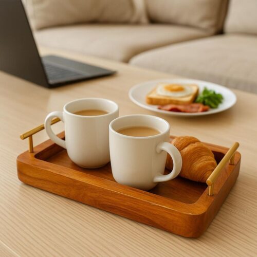 Wooden Serving Tray with Golden Handles