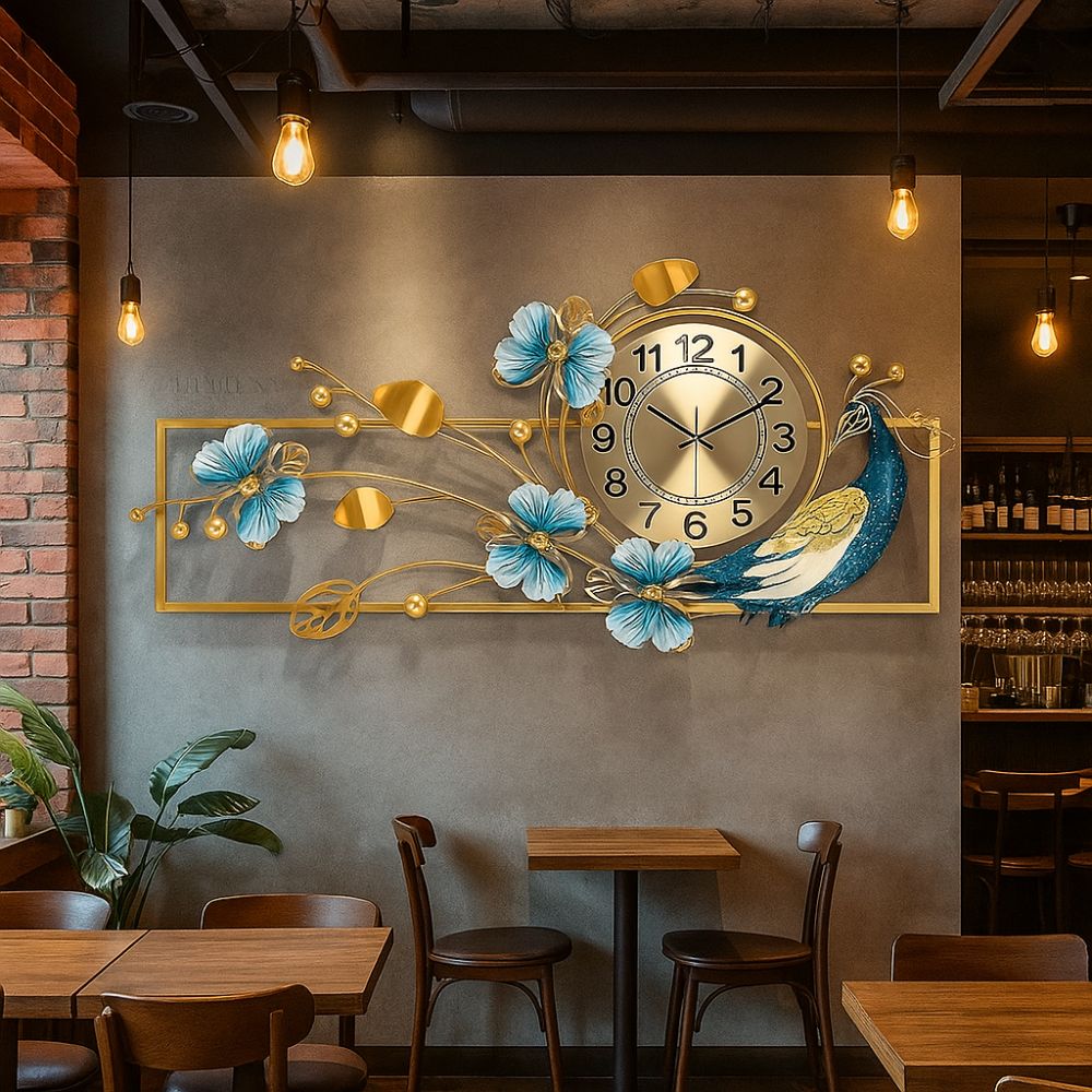 Metal Multicolor Peacock Leaf Wall Clock