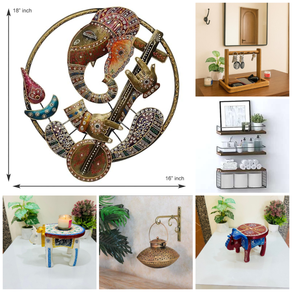 A collage showcasing Decoration Ideas for Home including Ganesh wall art, wooden organizer, floating shelves, elephant stool candle stands, and a decorative hanging lantern.