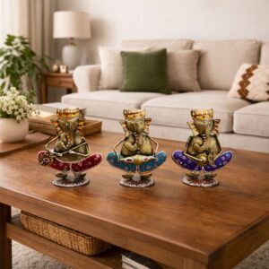 Rajasthani Metal Musician Ganesha Showpiece Set For Table Decor